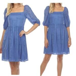 Johnny Was Ella Eyelet Mini Dress Blue XL Boho Embroidered Puff Sleeve